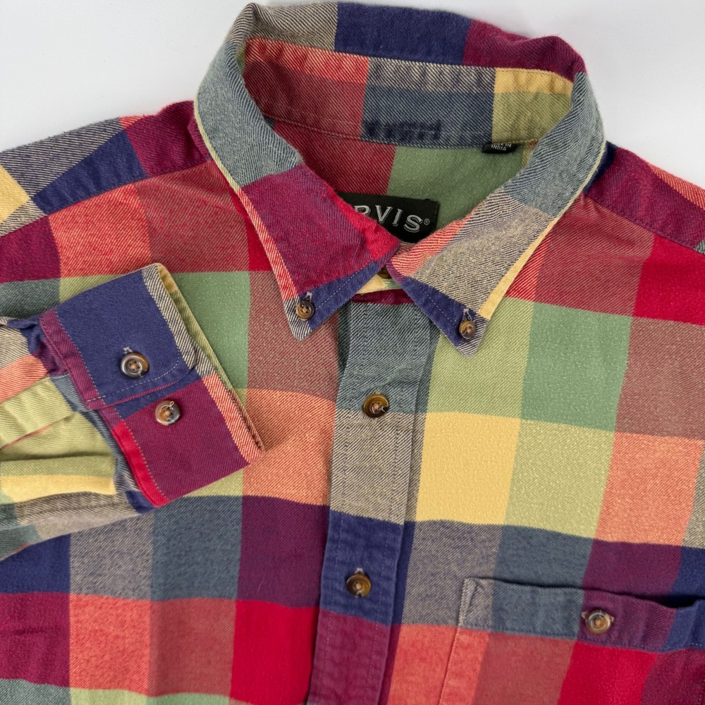 Orvis Button Down Shirt Medium Red Yellow Green Plaid Flannel 672H Long Sleeve